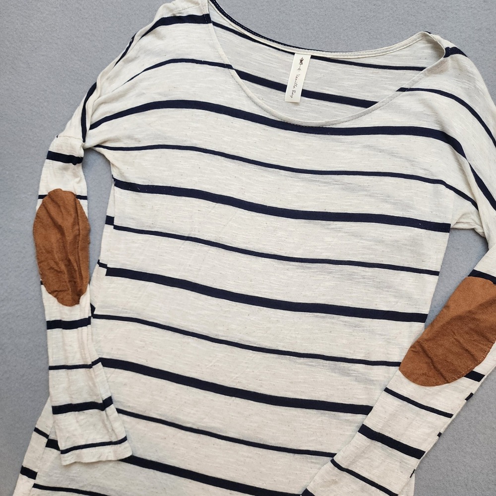 Vanilla Bay Striped Long Sleeve Top Elbow Patches Navy Cream Made in USA Small